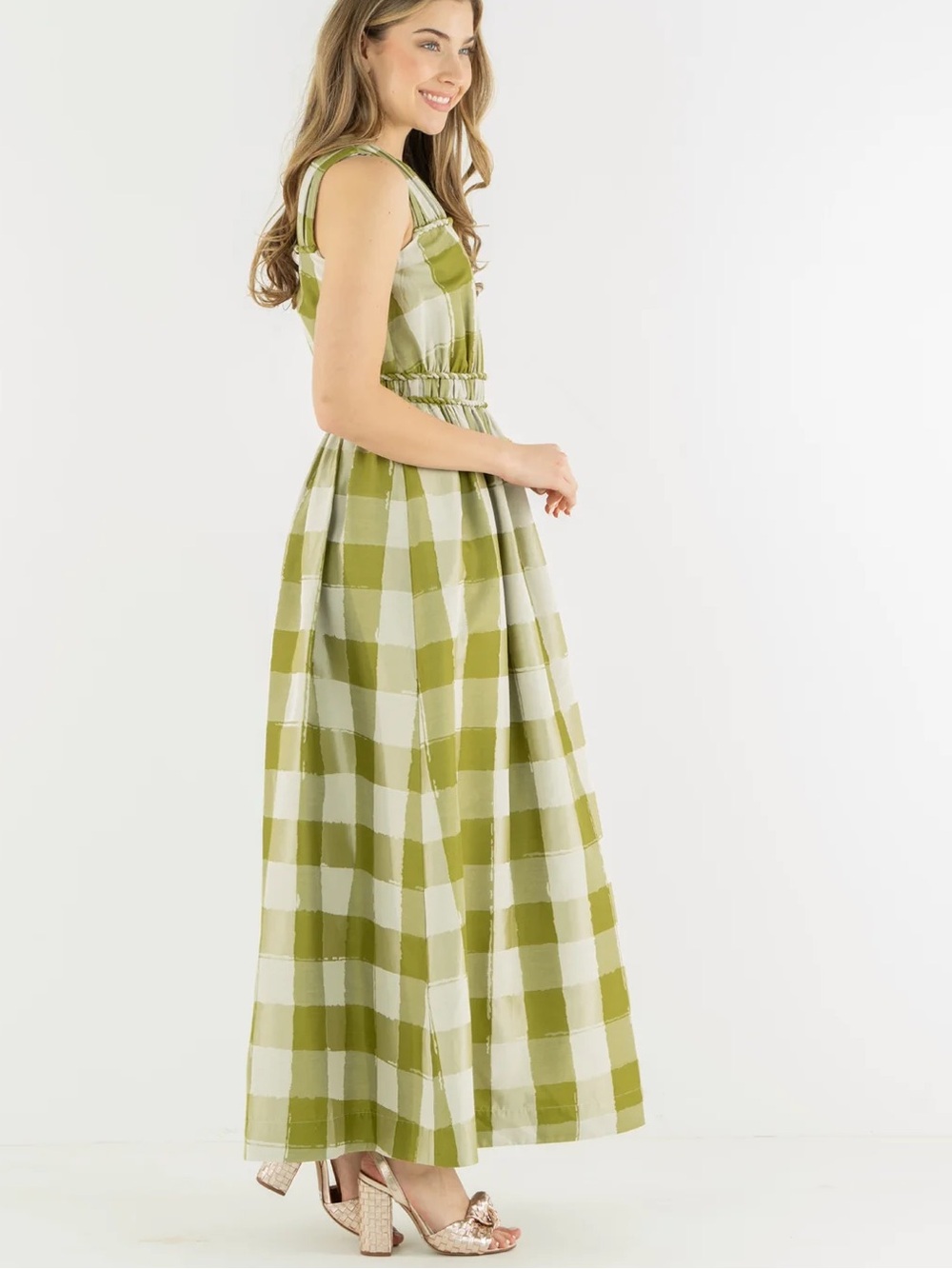 Emily McCarthy Olive Green Gingham Maxi Dress ✨ NWT 💚 - Picture 5 of 8